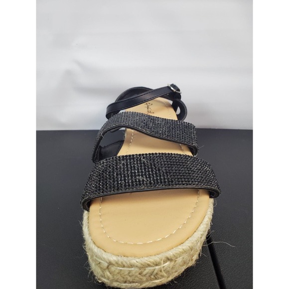 Qupid Daylen Wedge Espadrille Black‎ Tan Sandal Round Toe Straps Womens Size 6 - Picture 10 of 15